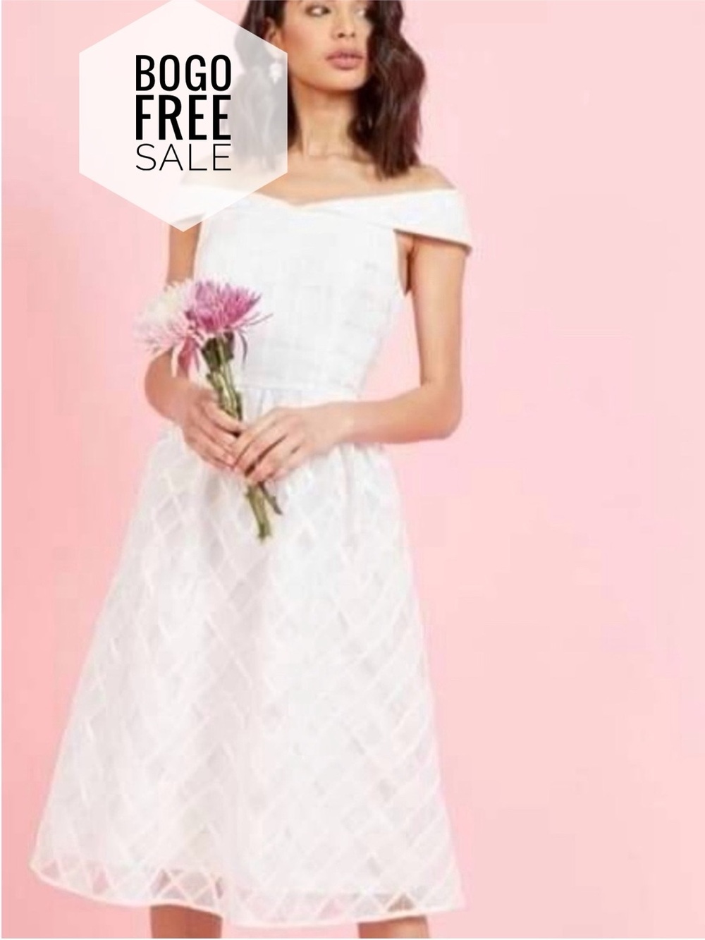 Lace & Mesh Off-Shoulder White Midi Dress with Textured A-Line Skirt